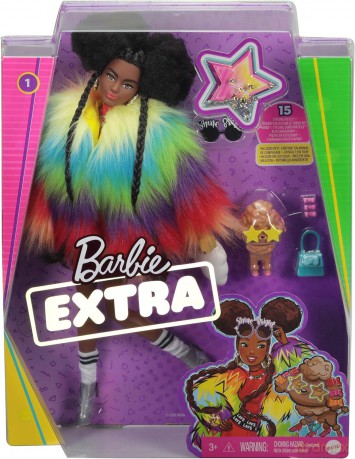 Lalka Barbie Extra Moda Ciemno skóra kolorowe futro