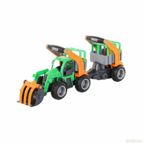 Duży traktor-ładowarka z naczepą do przewozu zwierząt