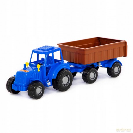 Traktor Majster niebieski z przyczepą w siatce