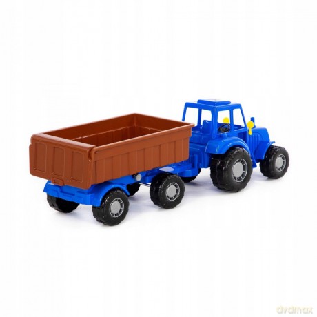 Traktor Majster niebieski z przyczepą w siatce