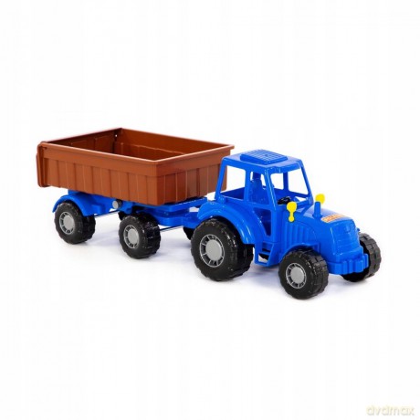 Traktor Majster niebieski z przyczepą w siatce