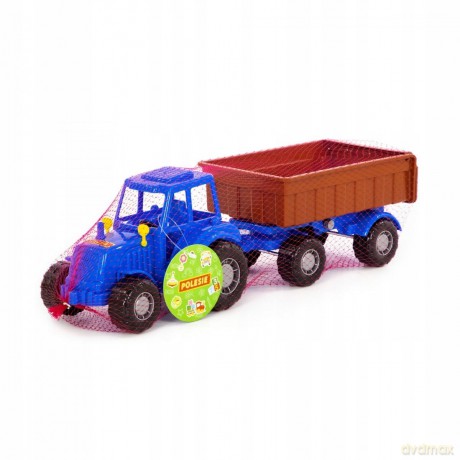 Traktor Majster niebieski z przyczepą w siatce