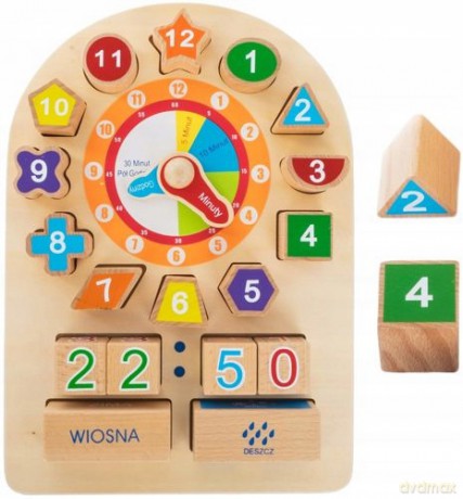 Zegar Edukacyjny Drewniany, Polska Wersja Językowa, 18 el.