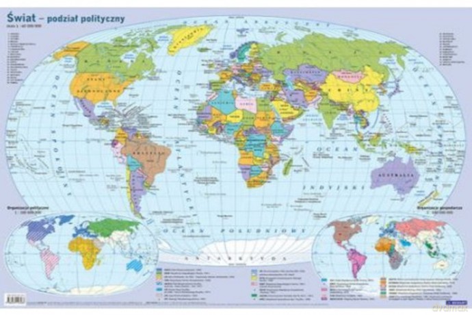 Mapa świata fizyczna. Plansza edukacyjna na ścianę i biurko
