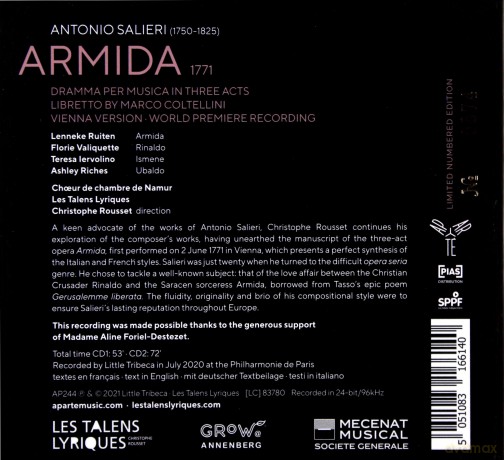 Salieri: Armida Les Talens Lyriques Rousset Ruiten Valiquette (digipack) [CD]