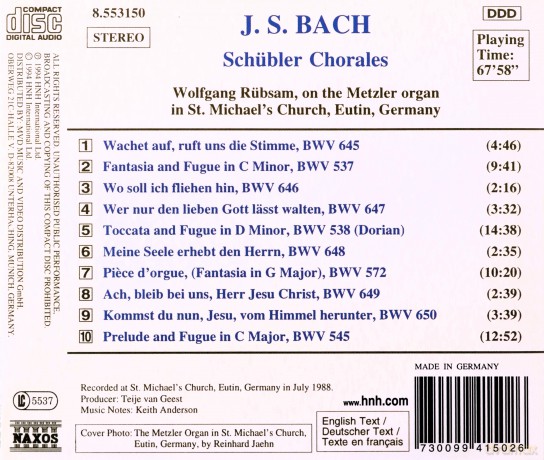 Johann Sebastian Bach: Chorele BWV 645-650 Schubler-Chorele [CD]