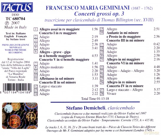 Francesco Geminiani: Concerti grossi op.3 Nr.1-6 fur Cembalo [CD]