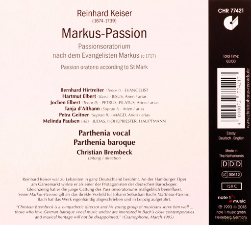Reinhard Keiser: Markus-Passion [CD]