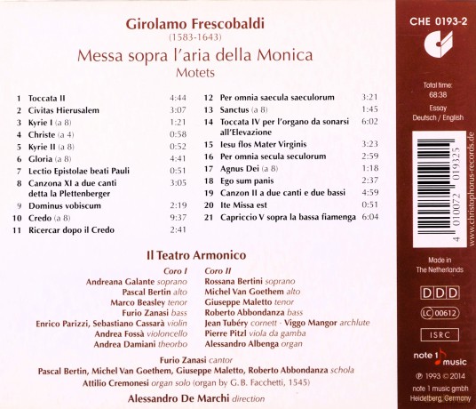 Girolamo Frescobaldi: Messa sopra la Monica [CD]