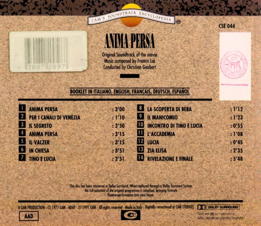 Anima Persa soundtrack (Zagubione Dusze) (Francis Lai) [CD]