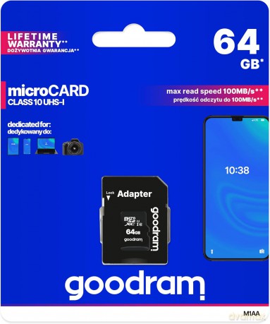 GoodRam microSDXC (64GB | klasa 10 | UHS I) 30/15 MB/s + adapter