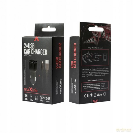 Ładowarka samochodowa Maxlife MXCC-01 2xUSB Fast Charge 2.4A + kabel (USB - USB-C)