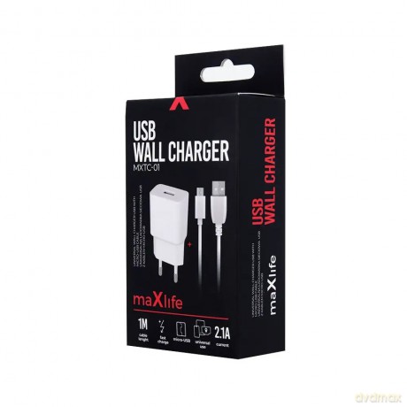 Ładowarka sieciowa Maxlife MXTC-01 USB Fast Charge 2.1A + kabel Typ-C biała