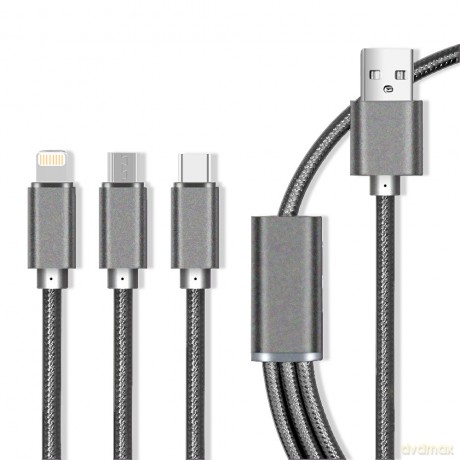 Maxlife kabel 3w1 USB - Lightning + USB-C + microUSB 2.1A szary Fast Charge nylonowy oplot