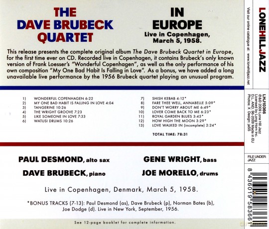 The Dave Brubeck Quartet: In Europe. Live in Copenhagen, March 5, 1958 [CD]