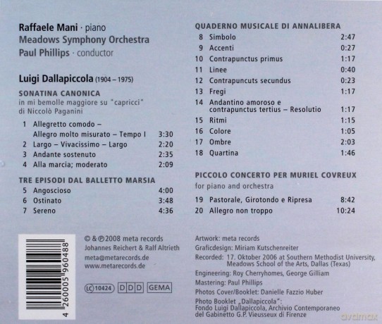 Raffaele Mani, Meadows Symphony Orchestria, Paul Phillips: Luigi Dallapiccola: The Complete Works For Piano [CD]