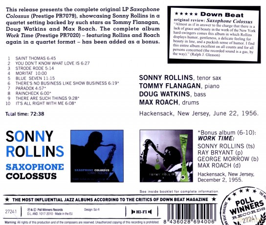 Sonny Rolins: Saxophone Colossus (2LP on 1CD: Saxophone Colossus+Work Time) [CD]
