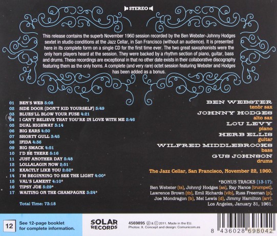 Ben Webster, Johnny Hodges Sextet: The Complete 1960 Jazz Cellar Session (Bonus Tracks) [CD]