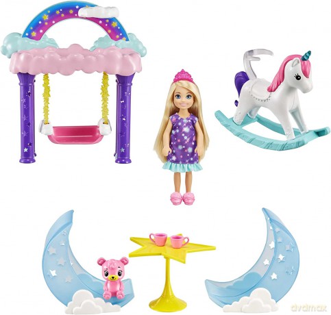 Lalka Barbie Chelsea Fantazja Jednorożec, huśtawka