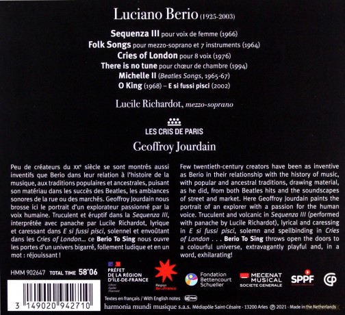Berio: Folksongs Cries of London Sequenza 3 Jourdain Richardot (digipack) [CD]