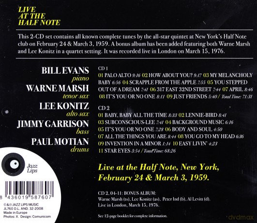 Bill Evans, Warne Marsh, Lee Konitz, Jimmy Garrison, Paul Motian: Live At The Half Note [2CD]