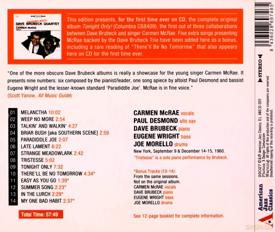 Dave Brubeck Quartet with Carmen McRae: Tonight Only! [CD]