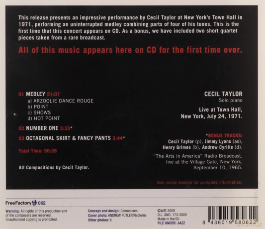 Cecil Taylor: Piano Solo At Town Hall 1971 [CD]