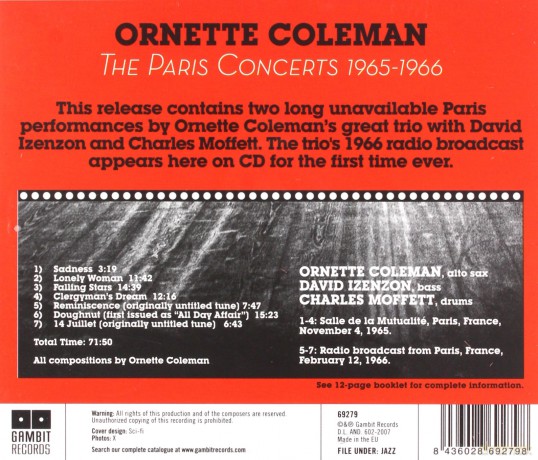 Ornette Coleman: The Paris Concerts 1965-1966 [CD]