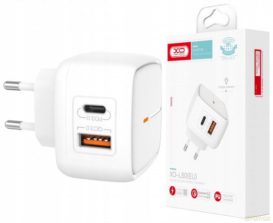 XO Ładowarka sieciowa L64 plus kabel typ-C - 8-pin biała 2USB QC3.0/ PD USB-C