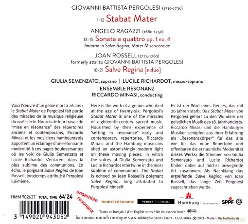 Pergolesi: Stabat Mater Ensemble Resonanz Minasi (digipack) [CD]