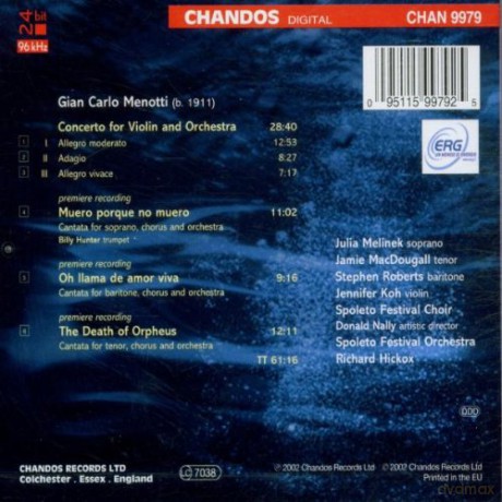 Gian Carlo Menotti: Menotti: Violin Concerto; the Death of Orpheus; Muero Porque No Muero; Oh Llama De Amor Viva [CD]