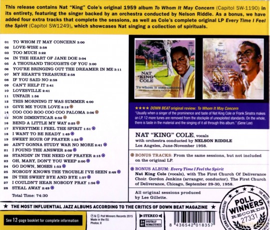 Nat King Cole: To Whom It May Concern + Every Time I Feel the Spirit [CD]