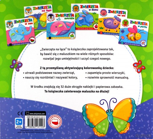 Zwierzęta na łące. Kolorowanka z grubym obrysem, okrągłe naklejki, papierowa zabawka [KSIĄŻKA]