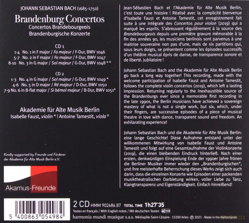 Bach: Brandenburg Concertos Akademie Fur Alte Musik Berlin Faust Tamestit (digipack) [2CD]