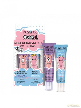 Floslek Lip Care Vege Zestaw Regeneracja Ust (Scrub do ust Jagoda 14g+Maska Tropikalna 14g)