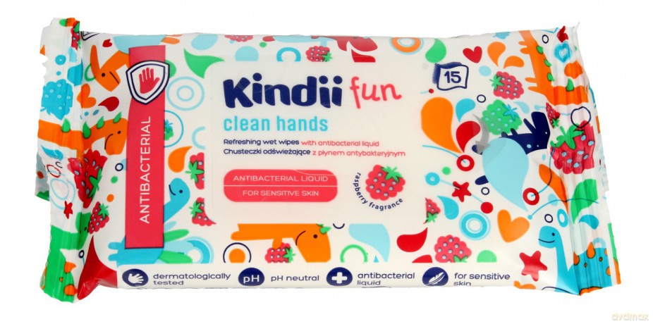 Kindii Fun Chusteczki odświeżające dla dzieci z płynem antybakteryjnym 1op.-15szt
