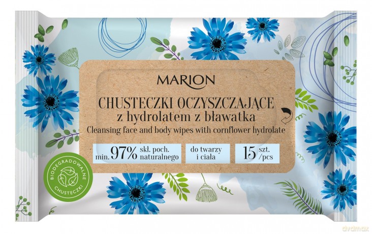 Marion Chusteczki oczyszczające do twarzy i ciała z hydrolatem z Bławatka 1op.-15szt
