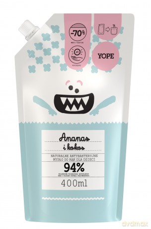 YOPE Mydło do rąk dla dzieci antybakteryjne- ANANAS i KOKOS 400 ml - zapas