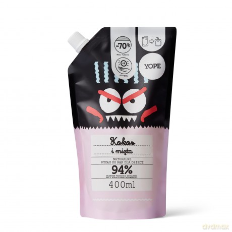YOPE Naturalne Mydło do rąk dla dzieci - KOKOS i MIĘTA - zapas 400 ml