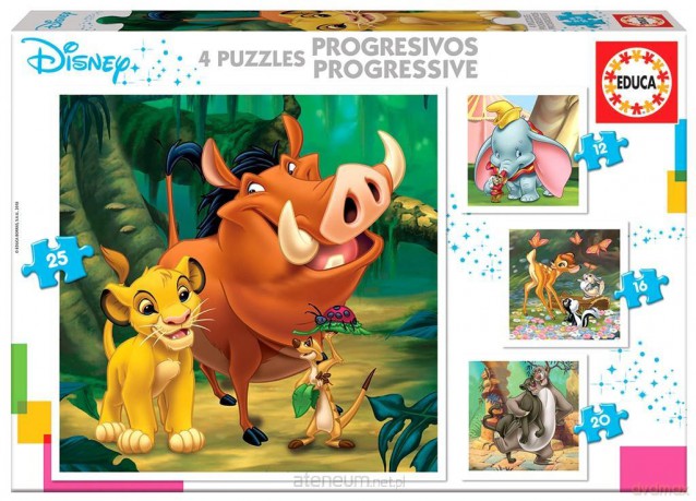 EDUCA 12+16+20+25 el. Bohaterowie bajek Disneya [PUZZLE]