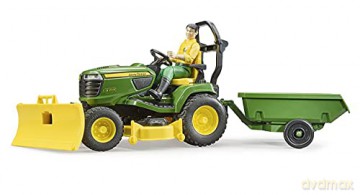 Traktor John Deere z kosiarką, łyżką, przyczepką i figurką ogrodnika