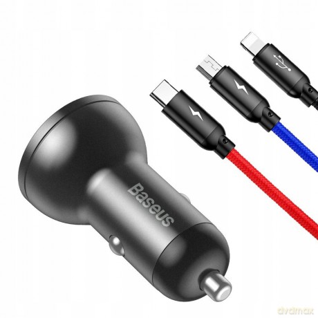 Baseus Ładowarka Samochodowa 24 W + Kabel Usb 3w1 Tzccbx-0g