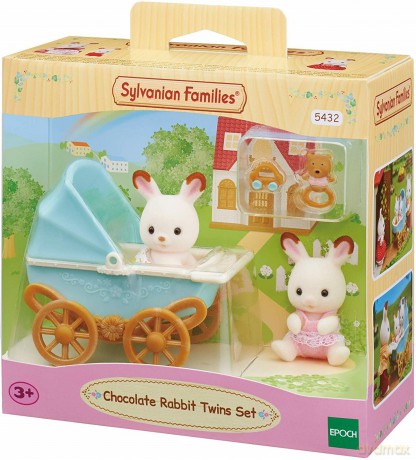 Sylvanian Families Zestaw z bliźniakami królików z czekoladowymi uszami z wózkiem dziecięcym