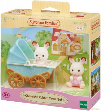Sylvanian Families Zestaw z bliźniakami królików z czekoladowymi uszami z wózkiem dziecięcym
