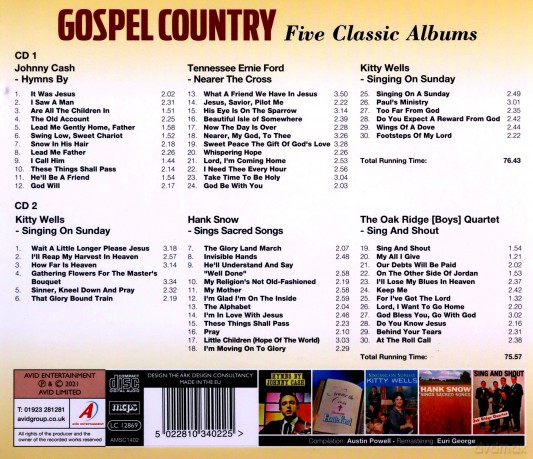 Johnny Cash Ernie Ford Tennessee Kitty Wells Hank Snow: Country Gospel Five Classic Albums [2CD]