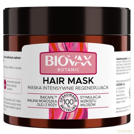 L`BIOTICA Biovax Botanic Maska do włosów intensywnie regenerująca - Malina Moroszka,Baicapil,Olej z Róży 250 ml