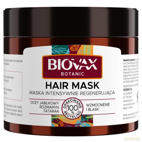 L`BIOTICA Biovax Botanic Maska do włosów intensywnie regenerująca - Ocet Jabłkowy,Rozmaryn i Tatarak 250 ml