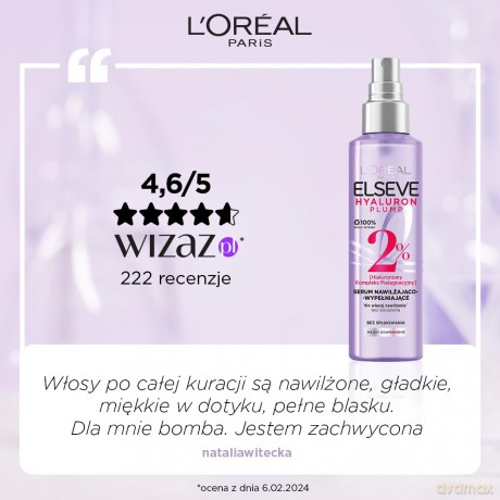 Loreal Elseve Hyaluron Plump 2% Serum nawilżająco-wypełniające do włosów odwodnionych 150 ml
