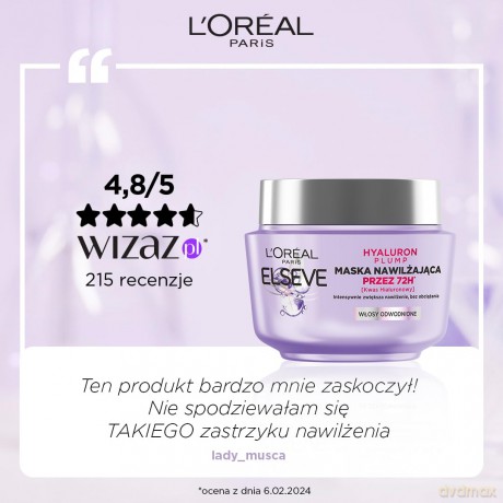 Loreal Elseve Hyaluron Plump Maska nawilżająca (przez 72H) do włosów odwodnionych 300 ml