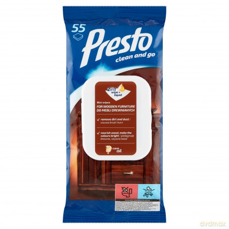 Presto Ściereczki czyszczące+płyn 2w1 do mebli drewnianych- zamknięcie pop up-55szt